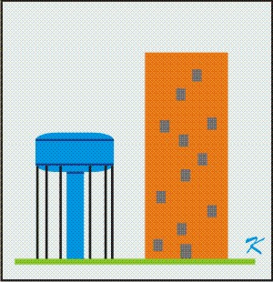Many tall buildings are higher than the watertower supplying water
