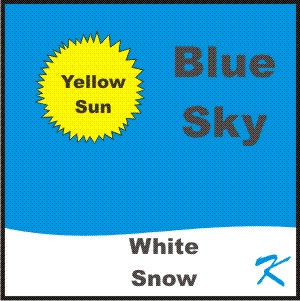 The sun is yellow, the snow is white, and the sky is blue.