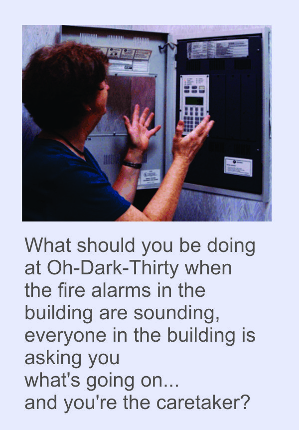Frustrated Caretaker at the Fire Alarm Panel as it's Sounding Off the Alarms in the Building