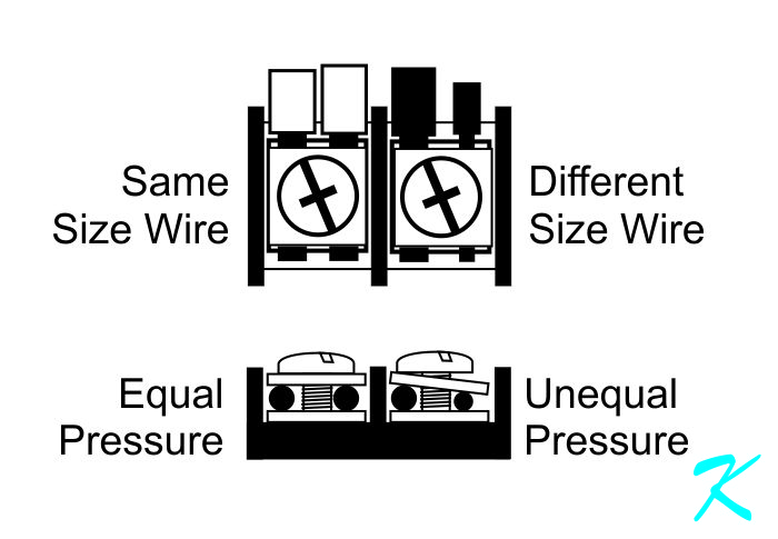 When two different size wires are under a single screw terminal plate, one of them is held very tight, while the other one of them is loose, or at best not as tight.
