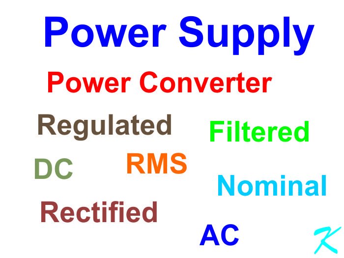 A power supply is a power converter. It can be reguated, filtered, AC, DC, RMS, nominal, rectified
