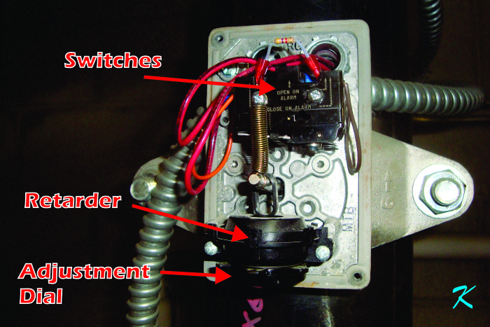 Inside the waterflow switch assembly is a retarder, with an adjustment dial